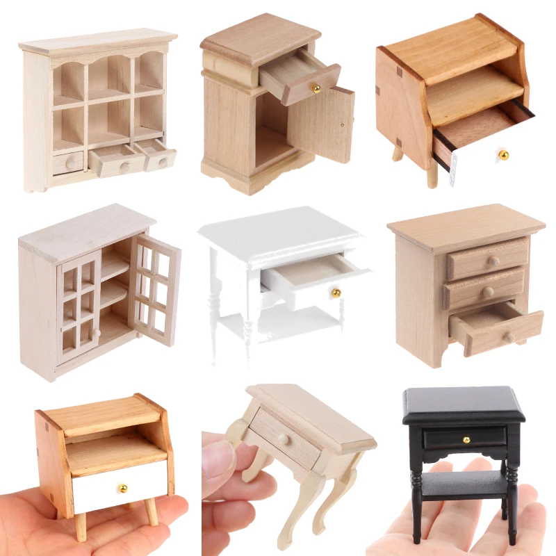 Armario de madera en miniatura para casa de muñecas, mesita de noche hecha a mano, muebles, modelo de decoración, Mini gabinete, 1:12
