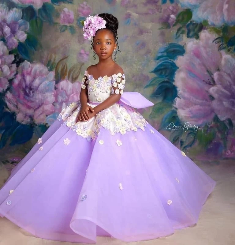 

Lilac African White Flower Girl Dresses Ball Gown Half Sleeves Baby Little Girl Peageant Dress Gowns For Black Girls