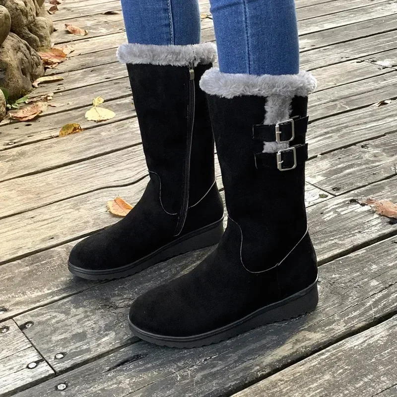 Women\'s Boots Fashion Suede Mid-calf Boot Plush Warm Snow Boots for Women Winter Fur Warm Cotton Boots Platform Boot Botas Mujer
