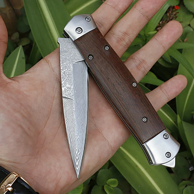 

Free shipping sharp Damascus steel imports blacksmithing camping tool folding knife wood handle outdoor self-defense knife