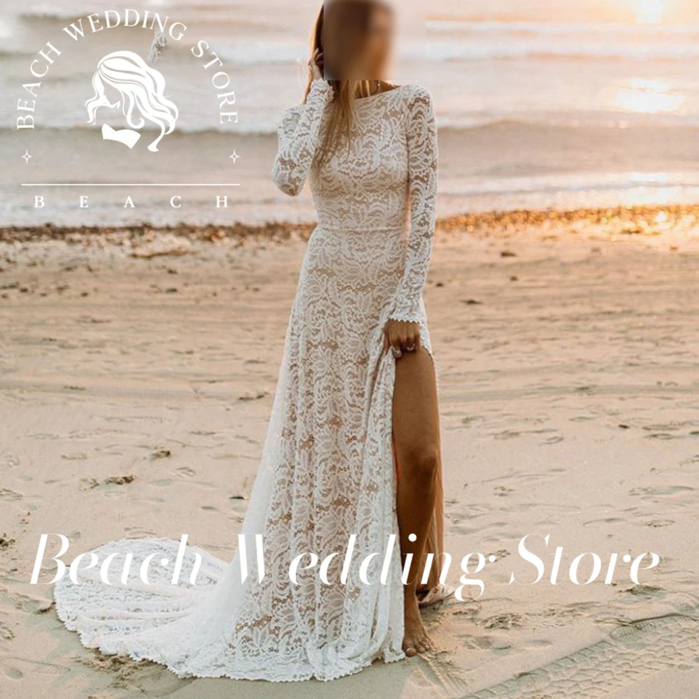 Praia personalizado simples o pescoço alta fenda sereia vestido de casamento mangas compridas sem costas vestido de noiva trem varredura plissado design robe