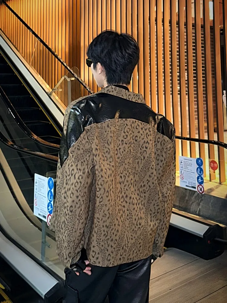 Men American Retro Leopard Print Jacket Turndown Collar Fashion Spliced Casual Outerwear High Street Loose Zipper Coats Hot Sale