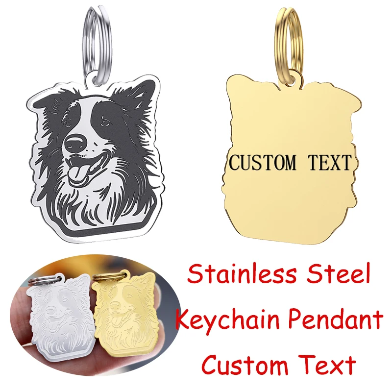 Porte-clés en acier inoxydable avec numéro de texte personnalisé pour enfants, breloques Lucky Dog Border Collie, pas de décoloration, pendentif pour animal de compagnie, bijoux de bricolage, cadeaux