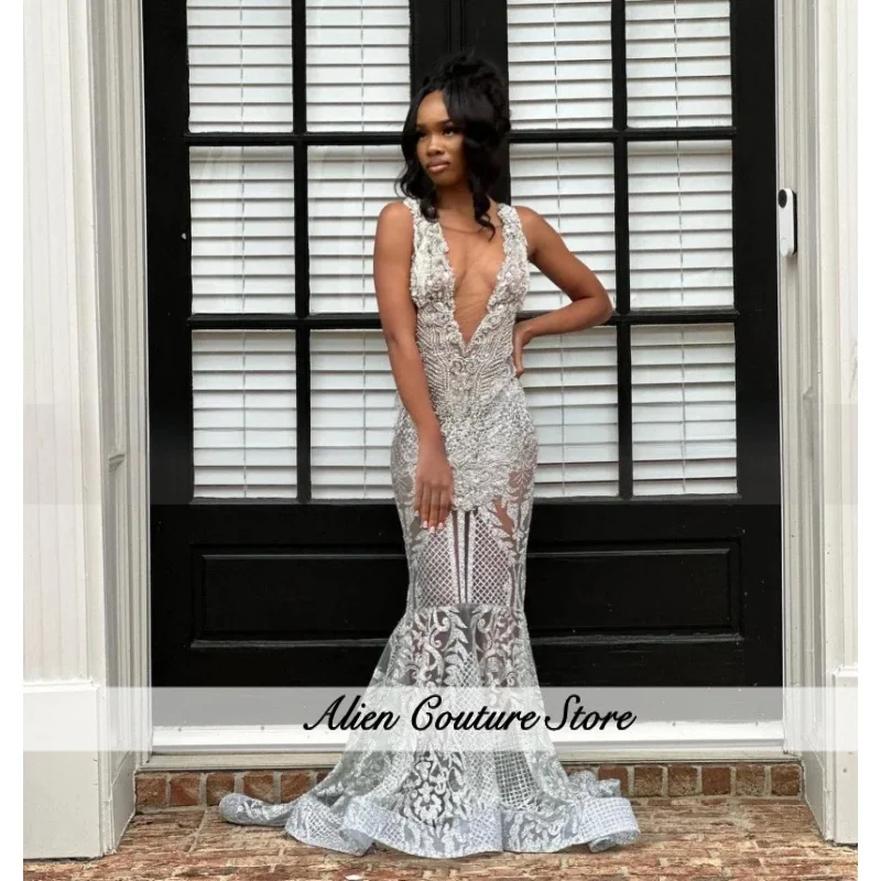 Seksowna Przezroczysta Sukienka na Bal Maturalny w Stylu Syreny z Dekoltem w Serek, Srebrne Aplikacje z Diamentami, Afrykańska Suknia Ślubna z Przezroczystej Siateczki na Imprezę, Sukienka na Zamówienie (vestido festa)