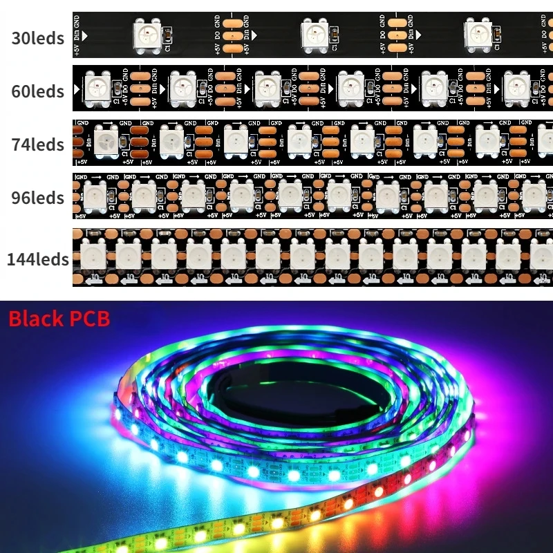 Tira de luces LED direccionables individualmente, 1 metro, cc 5V, WS2812B, PCB Blanco/Negro, 30/60/74/96/144 LED/M, IP30/65/67, para decoración de