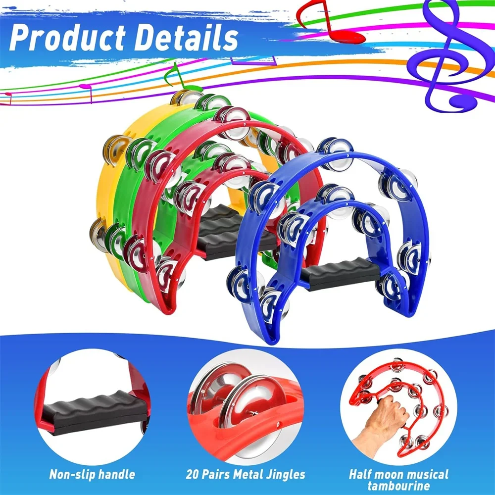 Color Plastic Double-layer Tambourine Half Moon Shaped Hand Bell Drum for Karaoke Performance Party Free Style Dance Portable