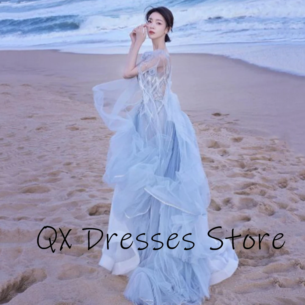 فساتين سهرة Yipeisha بسيطة من التول باللون الأزرق السماوي مع زينة مطرزة بالخرز مثيرة بدون ظهر بطول الأرض وحفلات رسمية Pr