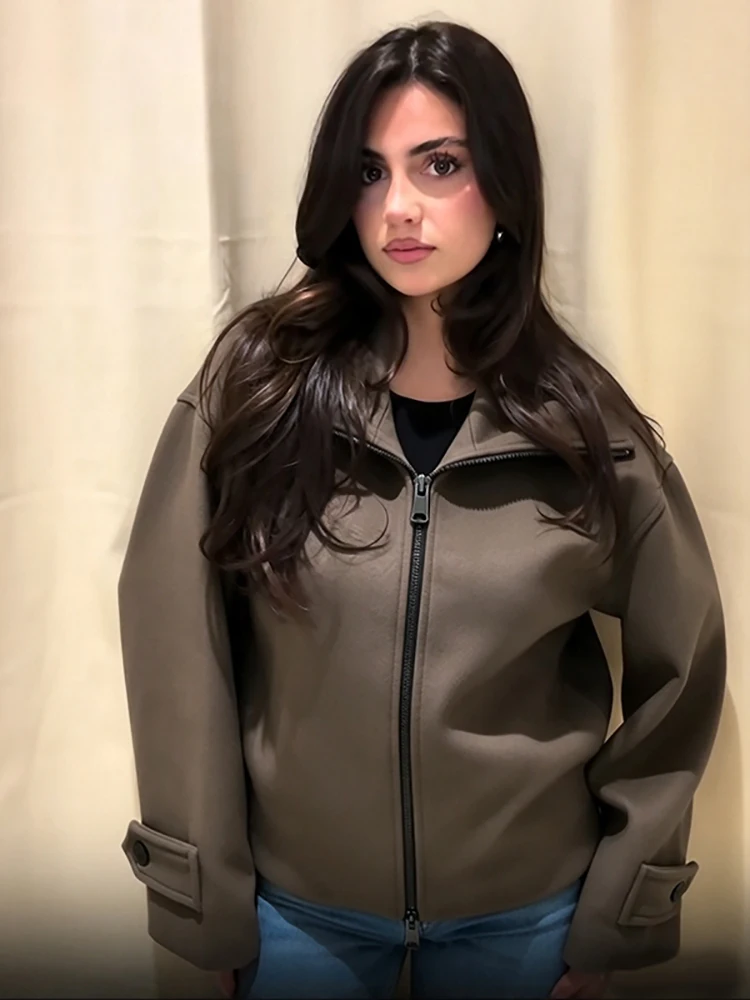 Chic Solid Cropped Stand Collar Jacket Full Zip Up Long Sleeve Short Coat Casual Street Autumn Winter Women Daily Outerwear New