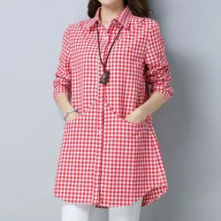 Chemise à carreaux décontractée à manches longues pour femmes, mode coréenne, col polo, chemisier vintage à simple boutonnage, poches, vêtements féminins, automne