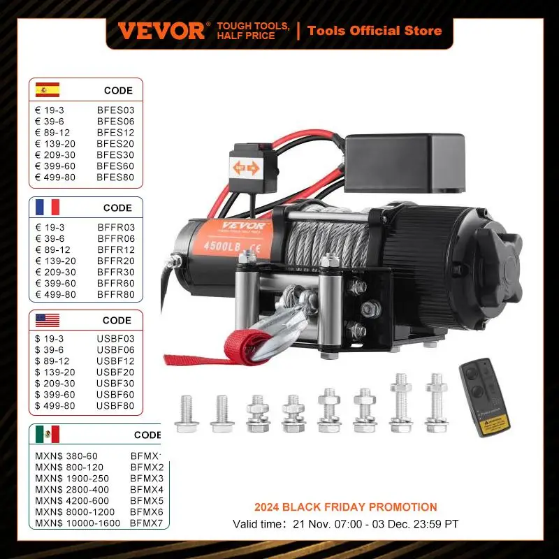 VEVOR Treuil Électrique 12 V 4500 lb 2041 kg​ avec Télécommande Sans Fil Treuil à Câble en Acier