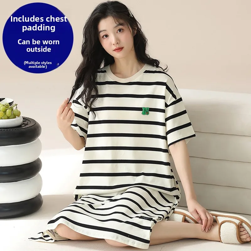 Summer Stripe Sleep Dress Women's Cotton Short Sleeve with Chest Pad 2025 New Style Youth Sleepwear Can Be Worn outside