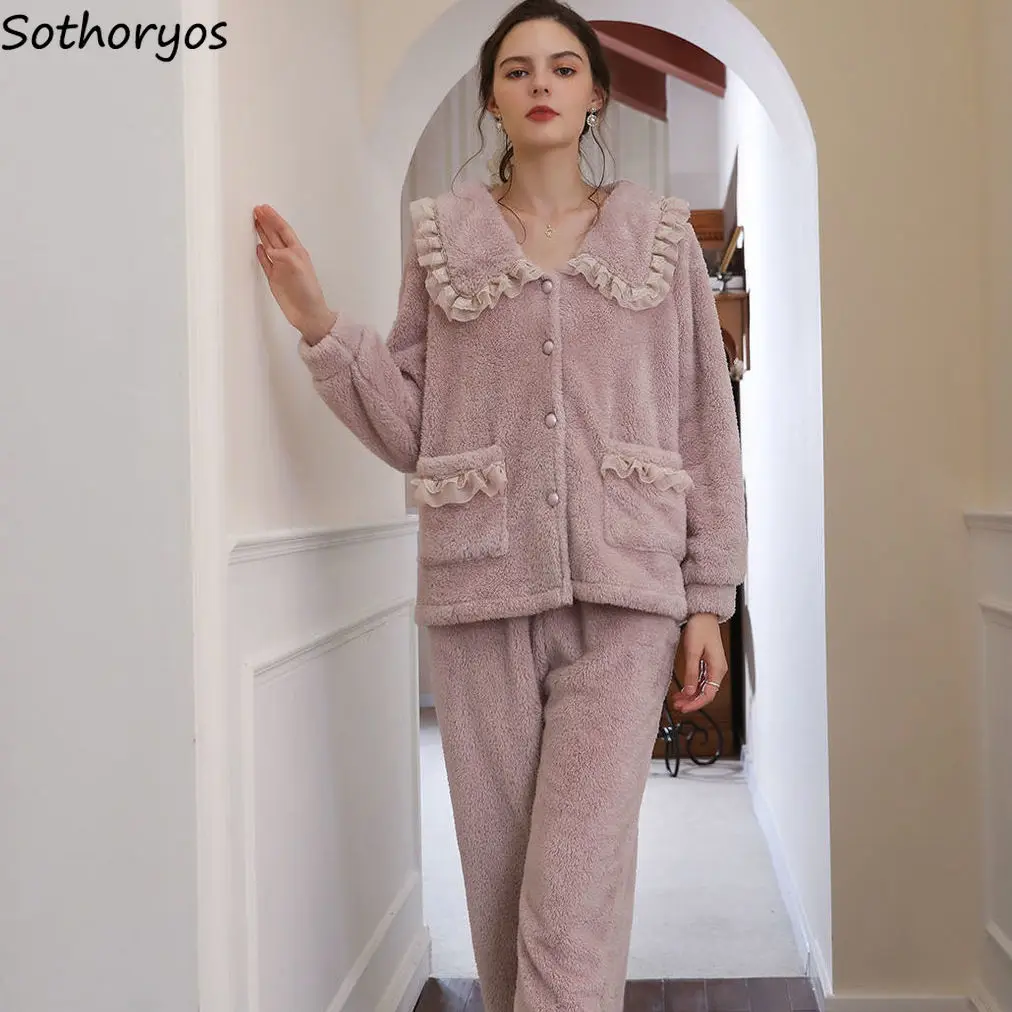 

Women Coral Fleece Pajama Sets Winter Thicken Turn Down Collar Lace Princess Sleepwear Luxury Warm Flannel Pyjamas 2 Pcs Lounge