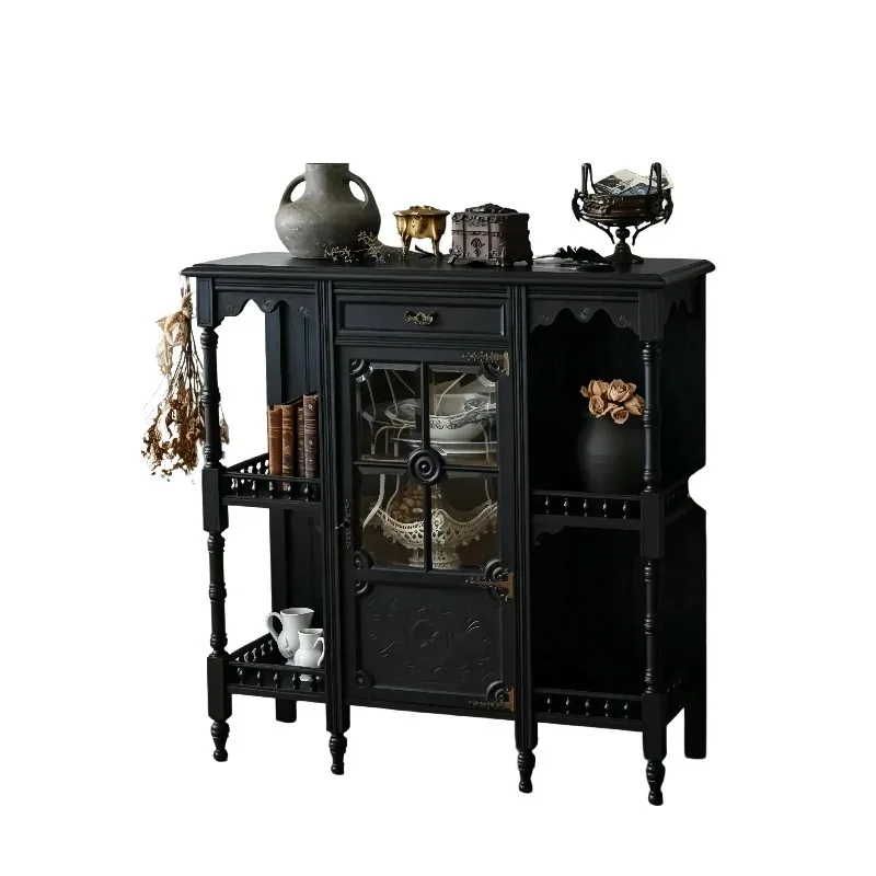 French retro black dining side cabinet solid wood carving flower glass display cabinet medieval entrance locker living room