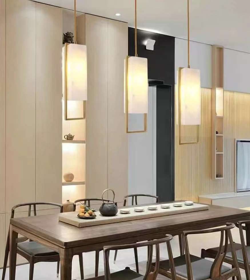 Brass Modern LED Alabaster Chandelier, Marble Copper Design Round Square Bedroom, Living , Dining Room, Hotel Interior Lighting
