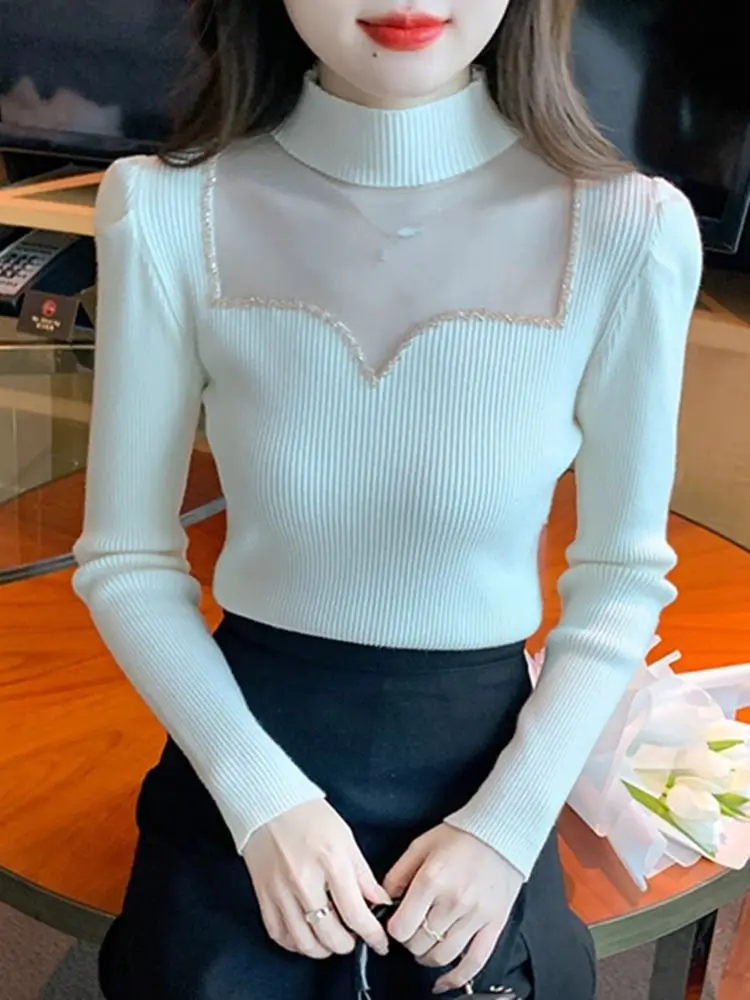 Crystal Mesh Splicing Knitted Sweater New Autumn Winter Elasticity Slim Turtleneck Sweater Long Sleeve Office Lady Elegant Shirt