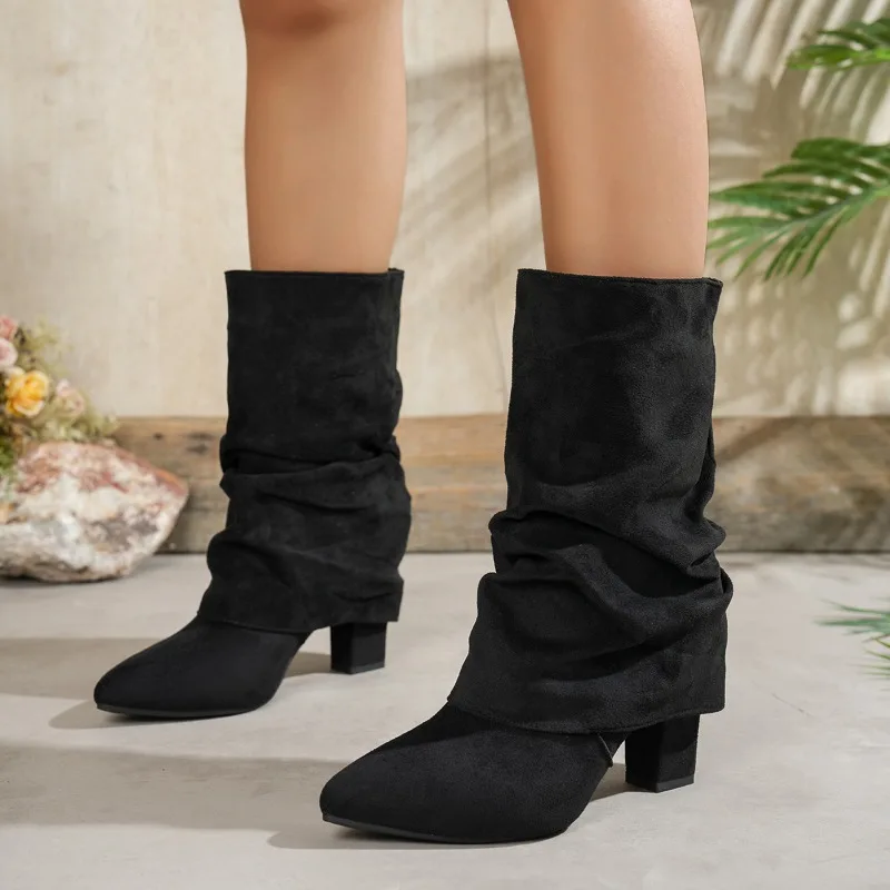 Pile Boots Women's Fashion Fall/Winter 2026 New Block Heel Pointed Toe Pleated Pump Shoes