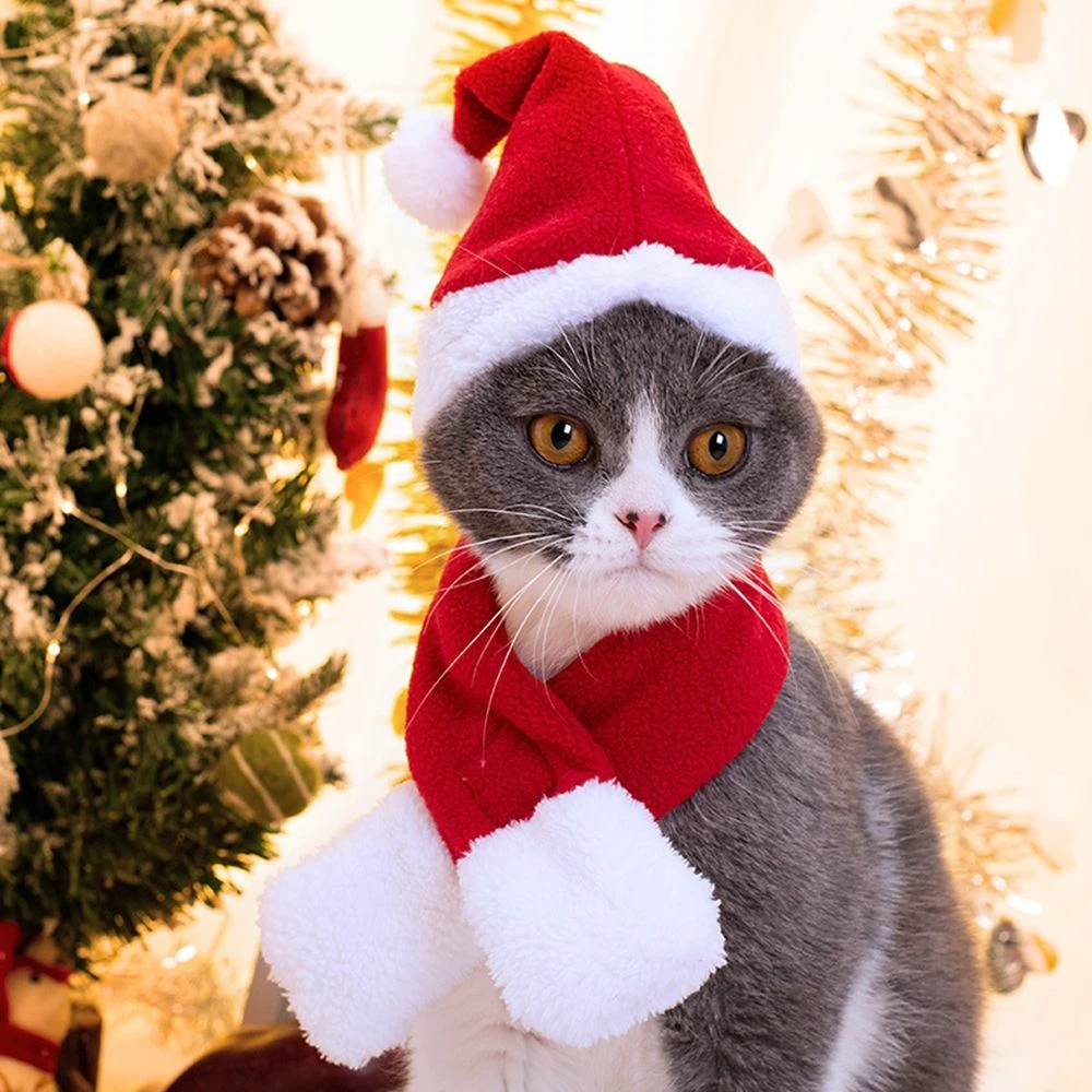 Cute Pet Christmas Ornaments Winter Plush Xmas Hat Scarf Headwear Cats Dogs Santa New Year Cosplay Costume Puppy Pet Accessories