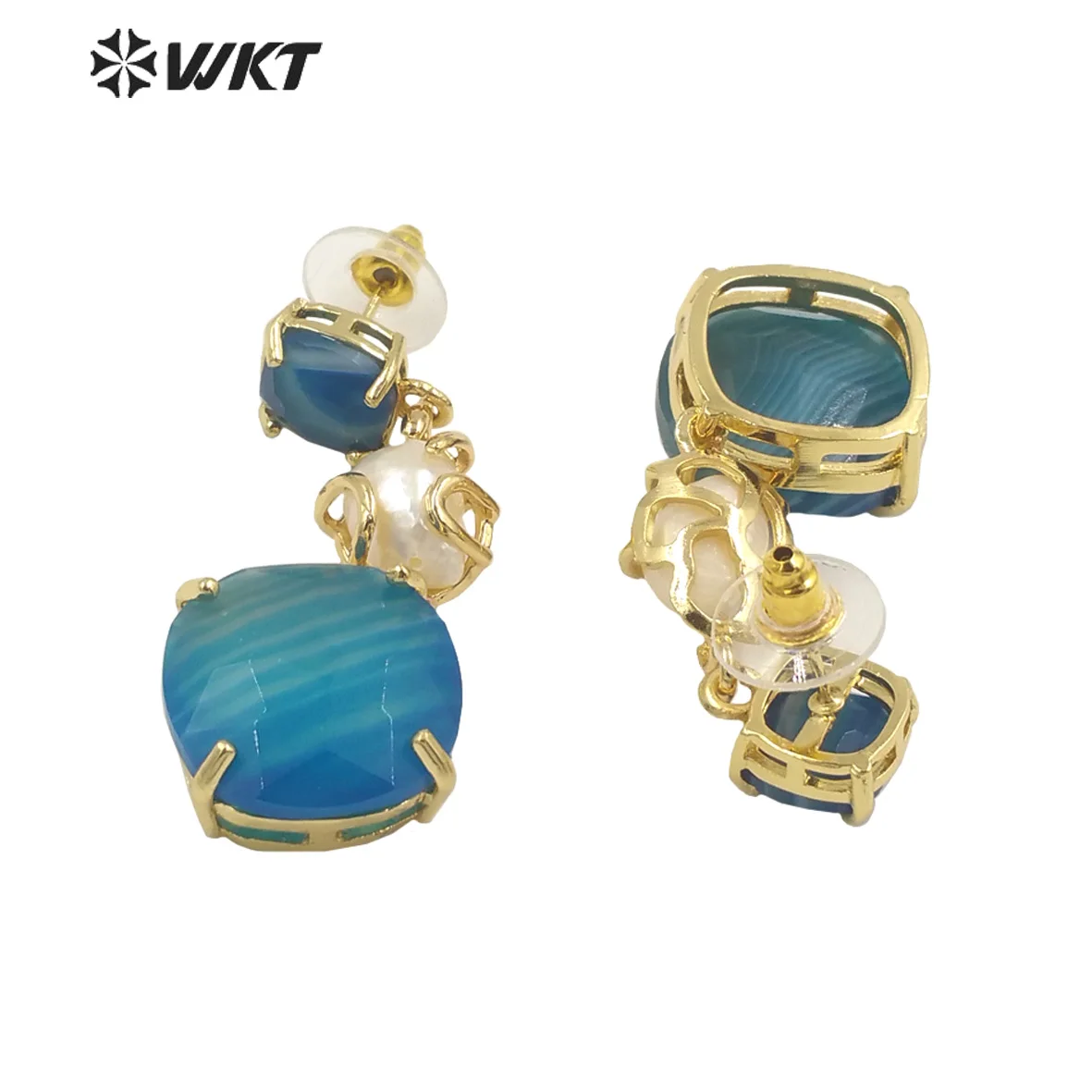 WT-MPE116 Newest Fashion Gold Plated Strip Agate Stone Made With Claw Setting Triple Charms Earrings 10Pairs