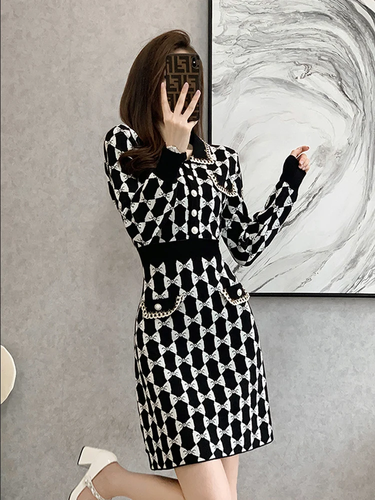 2023 New Medium and Long Style High-class Temperament Lady Dress Small Fragrance Light Luxury Knitting Dress Lady Autumn