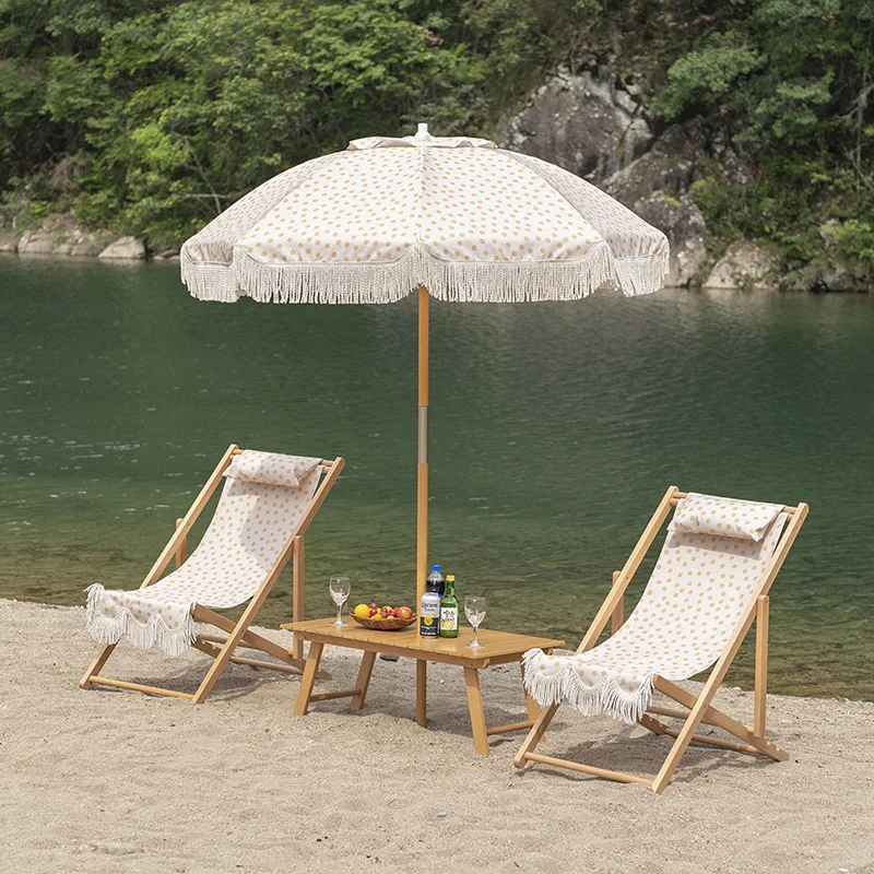 Customizable outdoor sun umbrella Outdoor spot foldable portable with fringed holiday seaside villa leisure beach chair shading