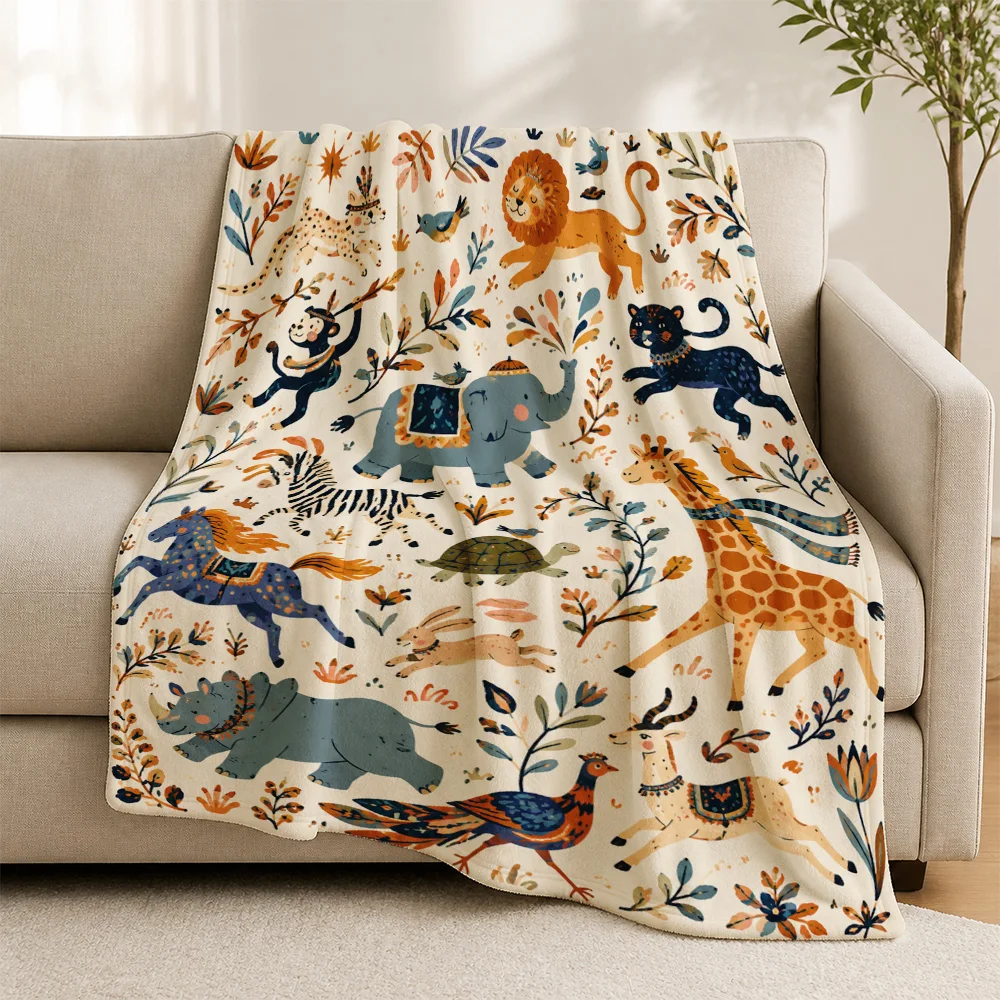 Safari Animal Print Throw Blanket for Sofa Living Room Jungle Decor Cozy Throw Lion Giraffe Elephant Home for Nursery Kids
