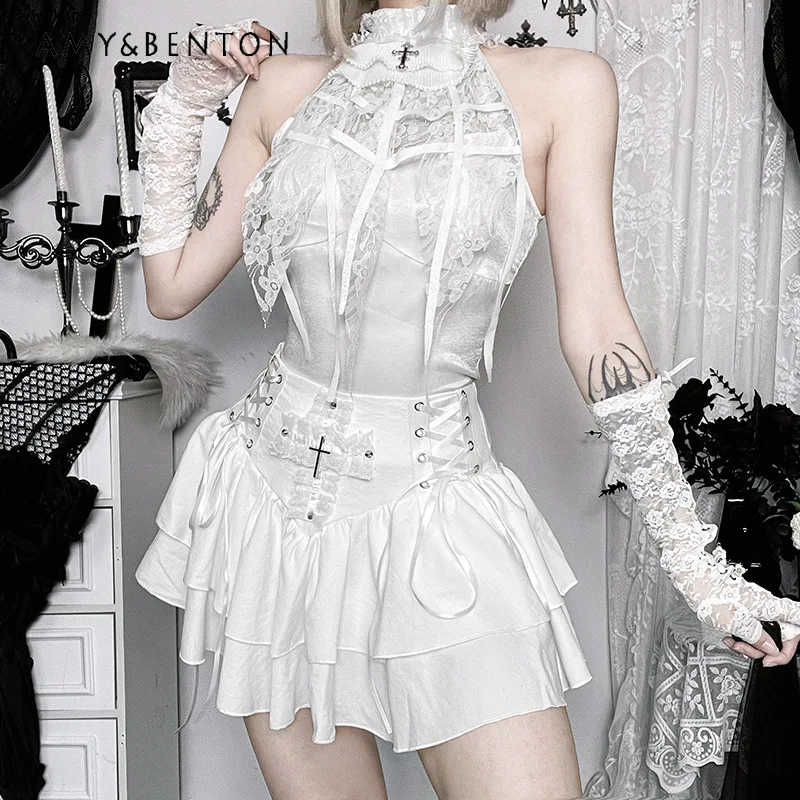 

Dark Gothic Ruched Lace Hollow Out Splicing Women's Sleeveless Vest Top Original Design Punk White Strappy Puff Skirt Set Ladies