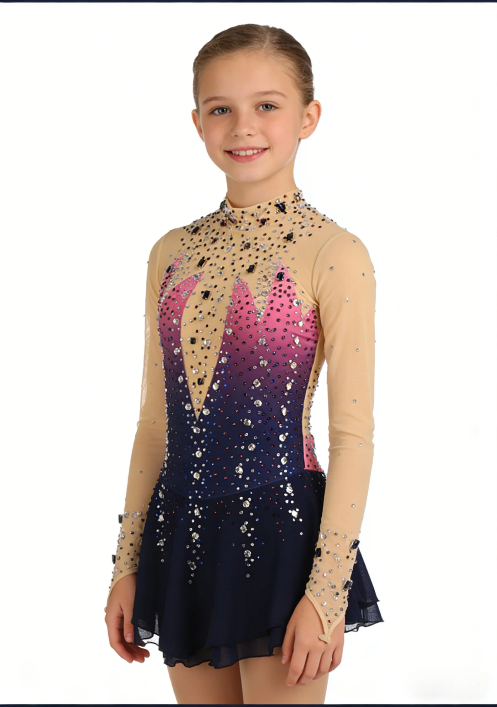 

Elegant Gradient Pink-Purple-Blue Figure Skating Dress with Rhinestones Long Sleeve High Neck Competition Costume for Skaters