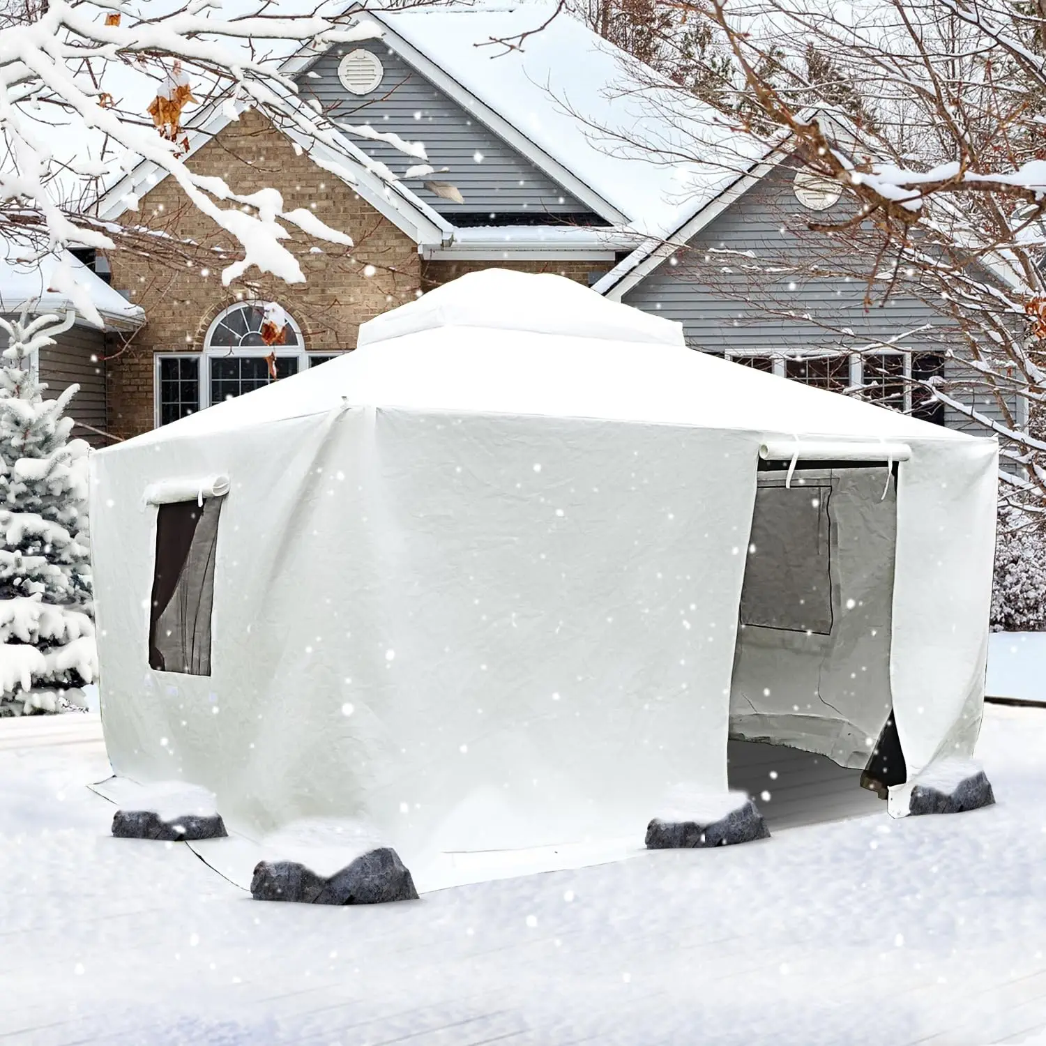 

Gazebo Cover 366X427CM Universal Waterproof All-Season Hardtop Canopy Pergola Ventilated Mesh Windows Enclosed Sidewalls