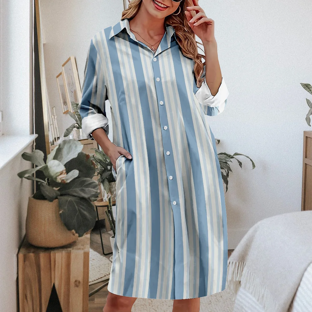 Women\'s Summer Refreshing Simple Casual Dress Vertical Stripes Color Long Skirt Lapel Shirt Dress Home Comfort 2024 Latest Model