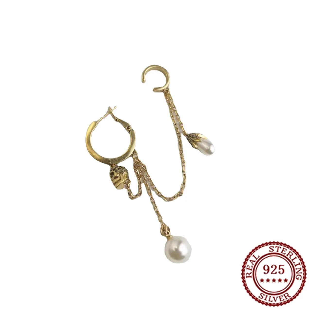 

2025 New Trendy Classic Skull Head Pearl Tassel Earrings for Women Retro Diamond Set Earbone Clip