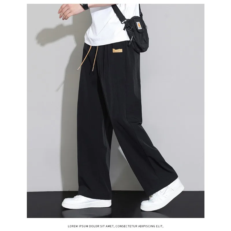 Men Casual Drawstring Pants Loose Drape Wide-leg Athleisure Pants Men Summer Quick-drying Thin Trousers Ice Silk Straight Pants