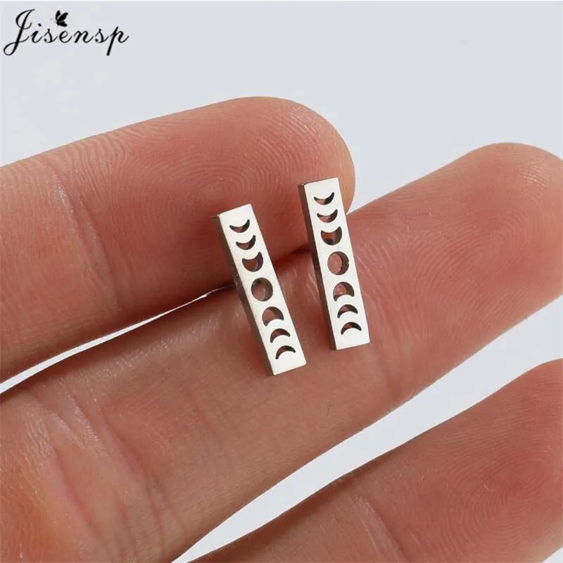 New Creative Stainless Steel Moon Phase Stud Earrings for Women Daily Ear Accessories Geometric Rectangle Earring Wholesale