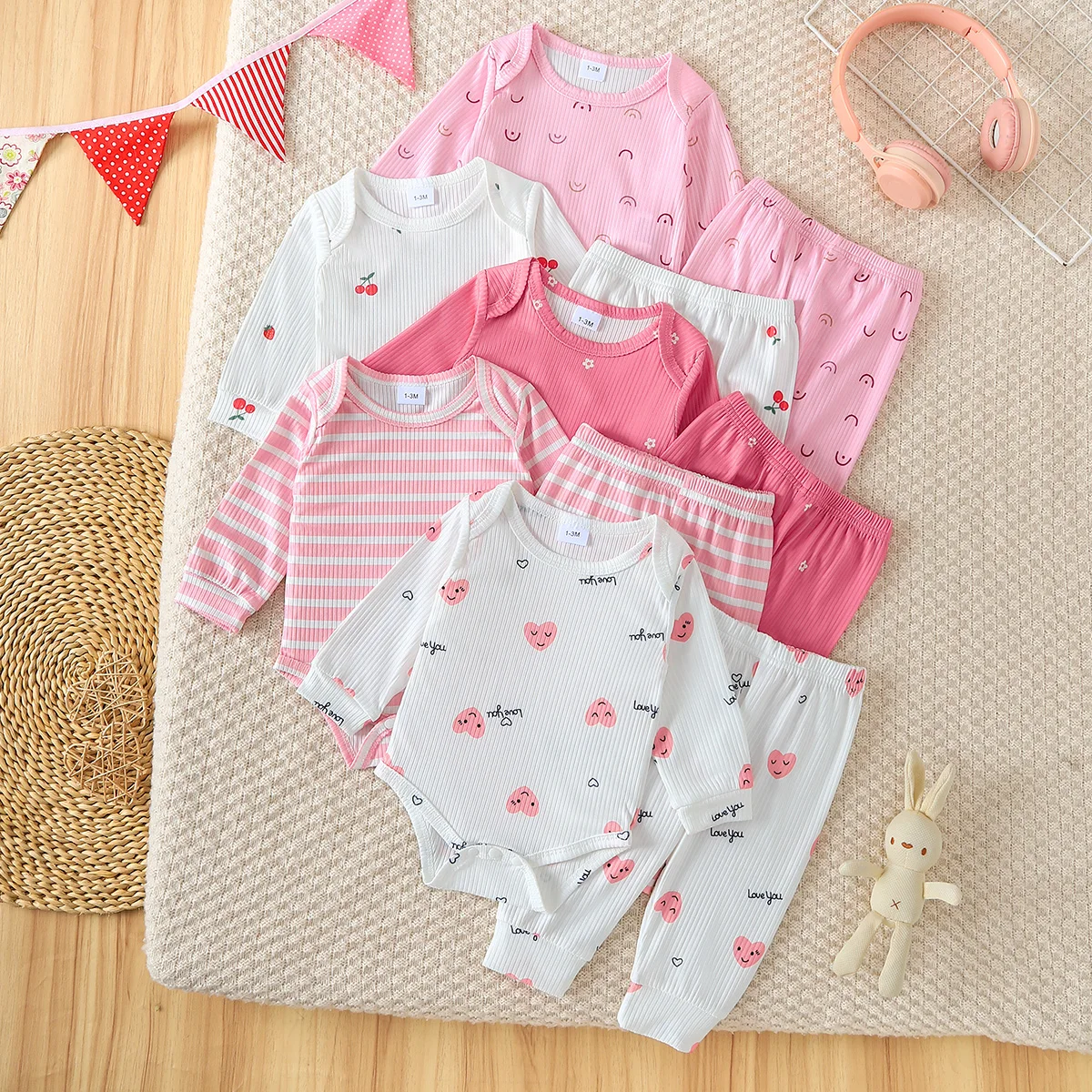 Black Friday Sale 10Pcs Baby Girl Outfit Bundle, 0-18M Ribbed Bodysuit & Pants Set, Cute Printed Infant Clothing