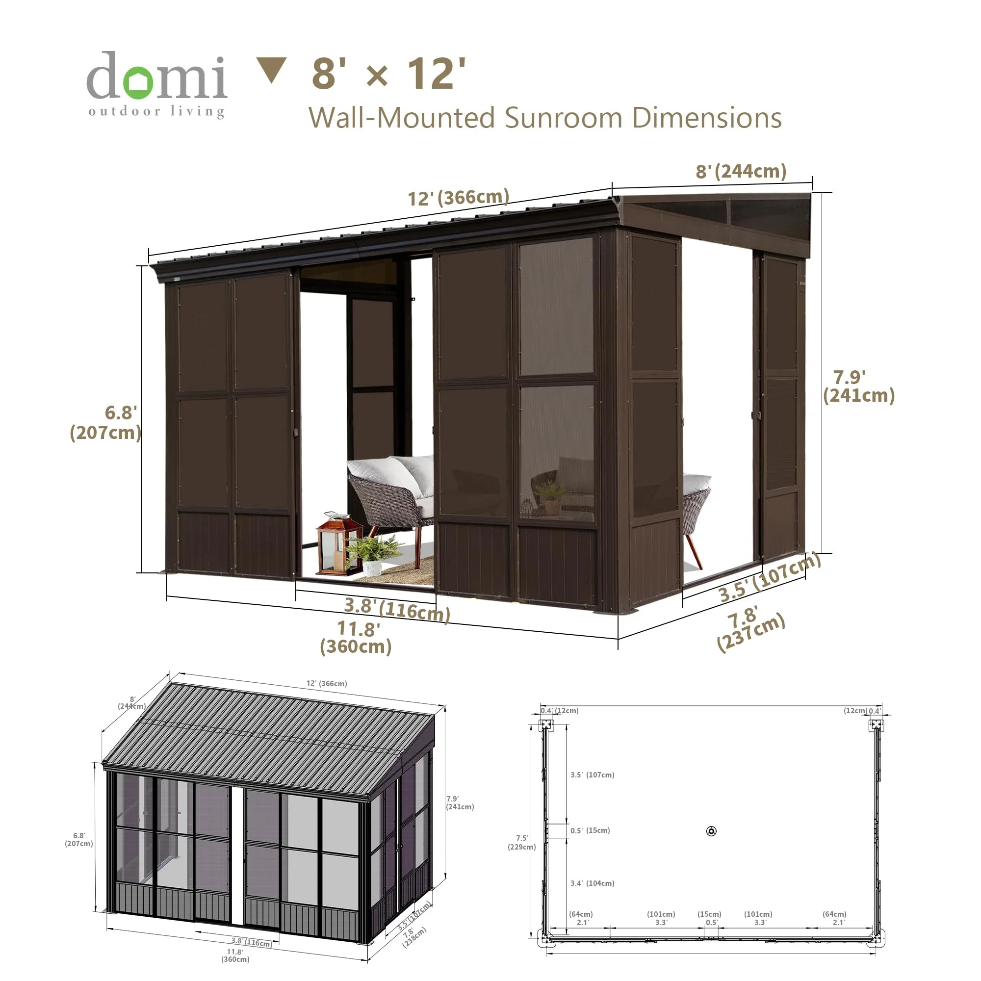 ！@Outdoor Permanent Sun Room Lean Gazebo Deck Patio Wall Mounted Galvanized Steel Sloping Roof Moveable Canopy Pergola
