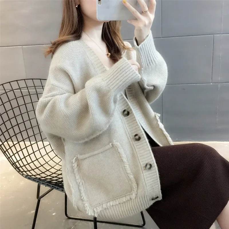 Lazy Style Women's Sweater Coat Spring Autumn 2024 New Women's V-Neck Knitted Cardigan Top Solid Color