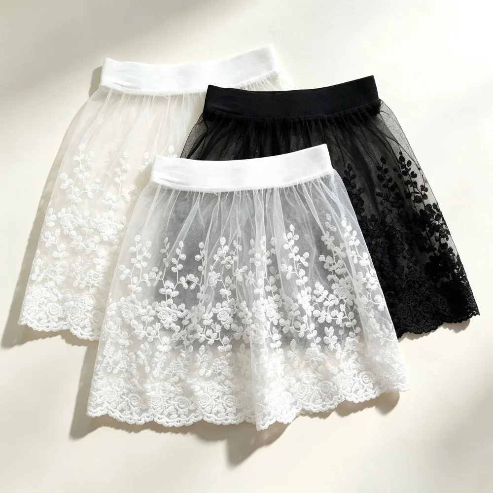 High Waist Half Slip Skirt Single Layer Floral Embroidery Layering Underskirt Four Season Elastic Waistband Elastic Waist Skirt