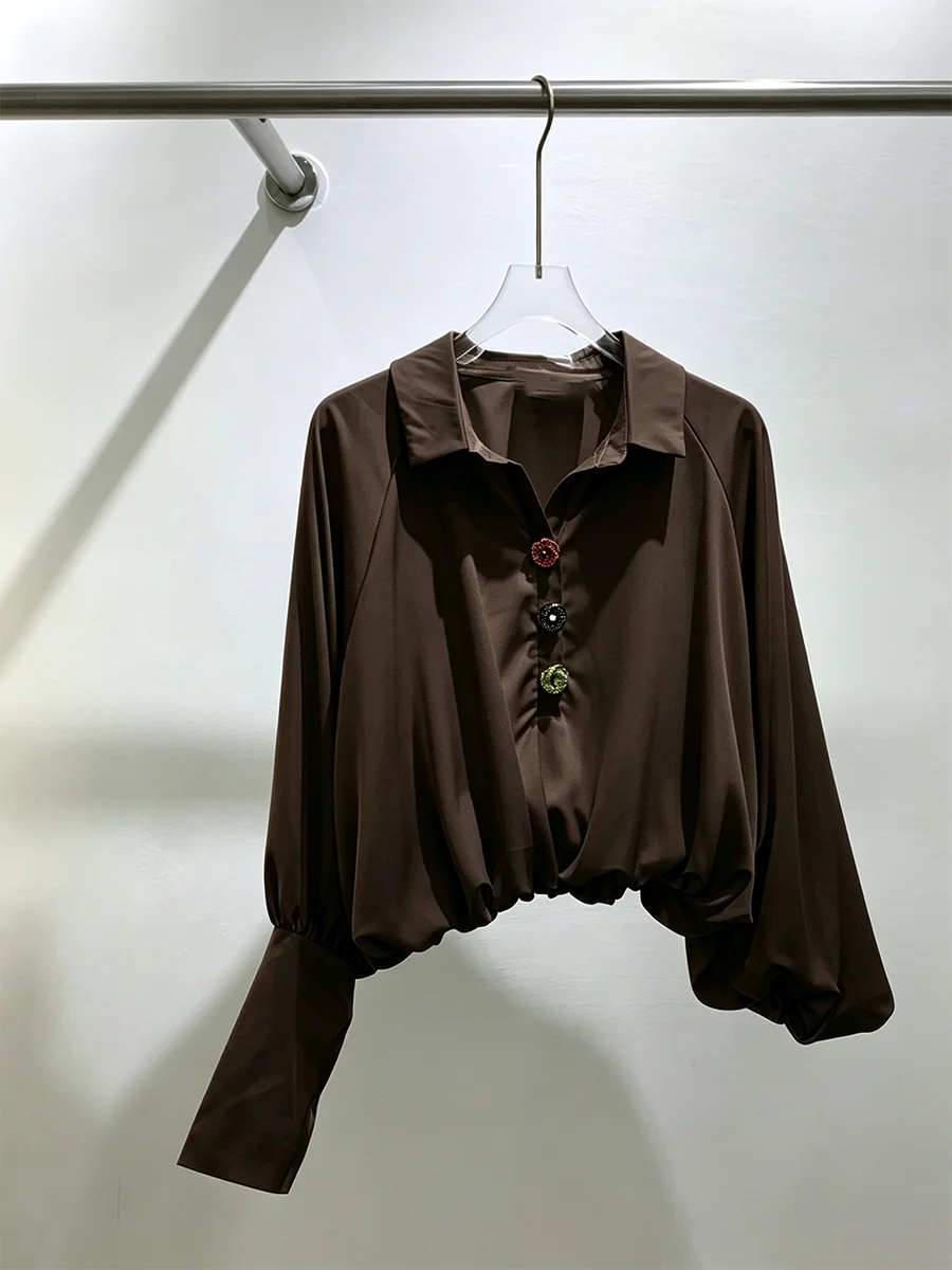 GALCAUR Solid Spliced Single Button Loose Casual Blouse for Women Lapel Collar Long Sleeve Office Blouses Female Fashion Style