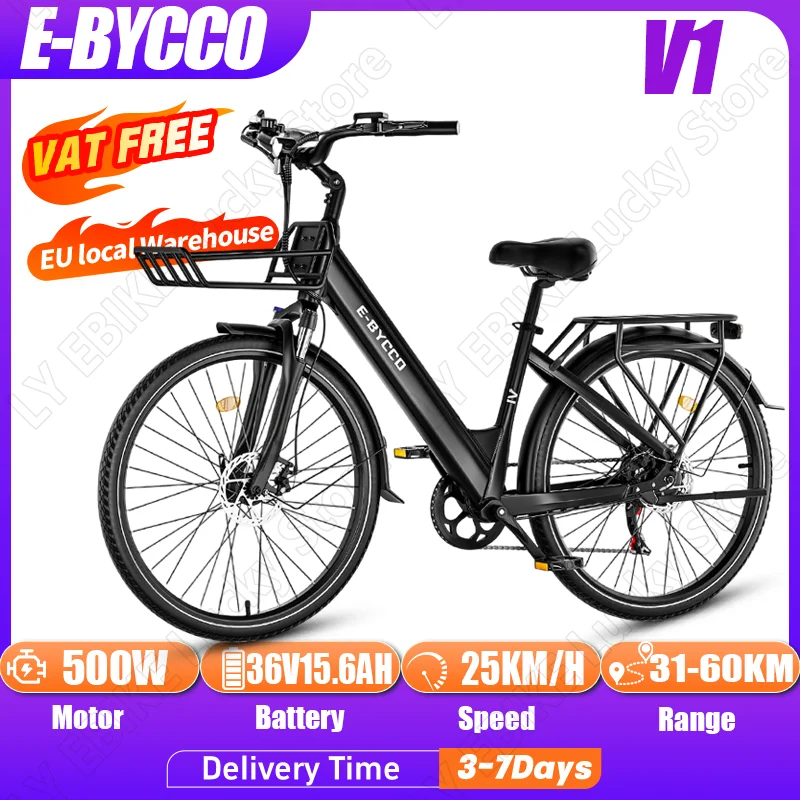 Vélo électrique E-BYCCO V1, moteur 500W, batterie au lithium amovible 36V15.6AH, vélo électrique pour adultes, pneus de 28 pouces, vélo électrique pour les trajets urbains