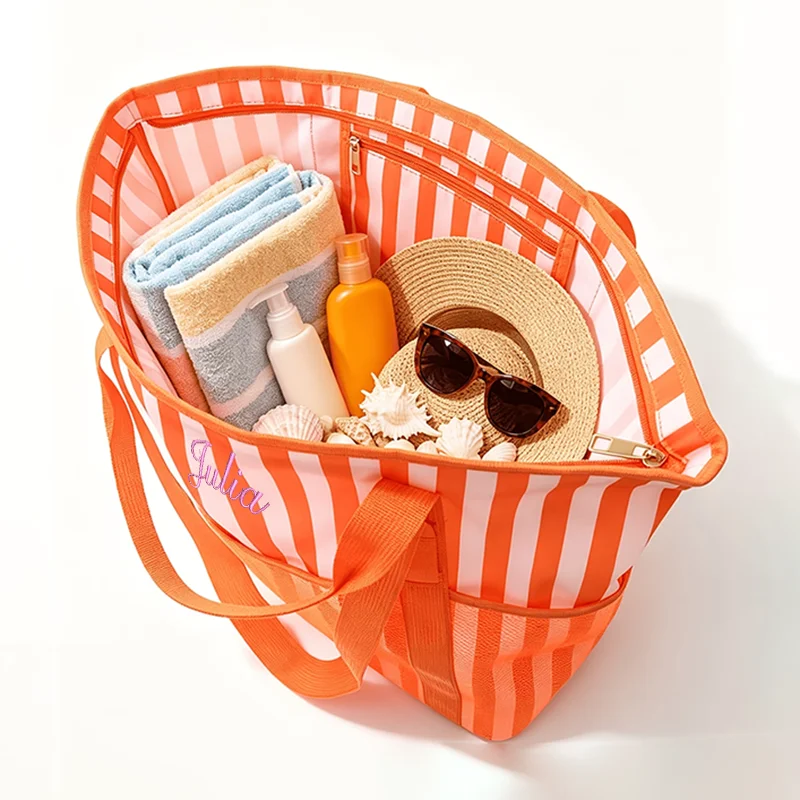 Maßgeschneiderte Stickerei/Standard-Stil 2 Optionen, Neue gestreifte Strandtasche mit vielen Taschen zur einfachen Organisation, schönes Geschenk! – Detail 3