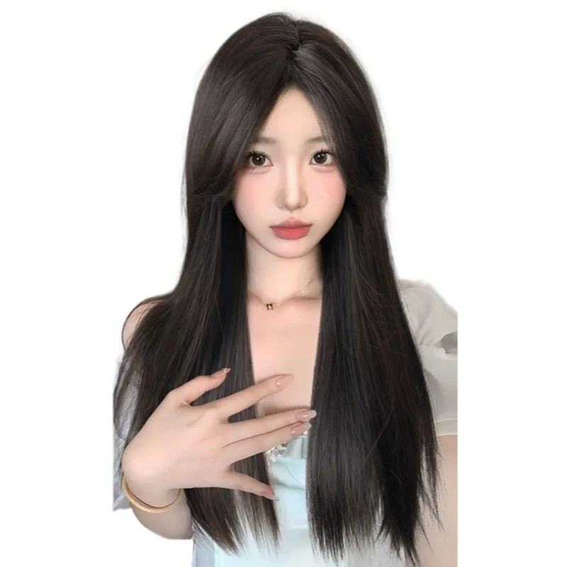 Long black straight hair, women's French style eight character bangs, fashionable wig set