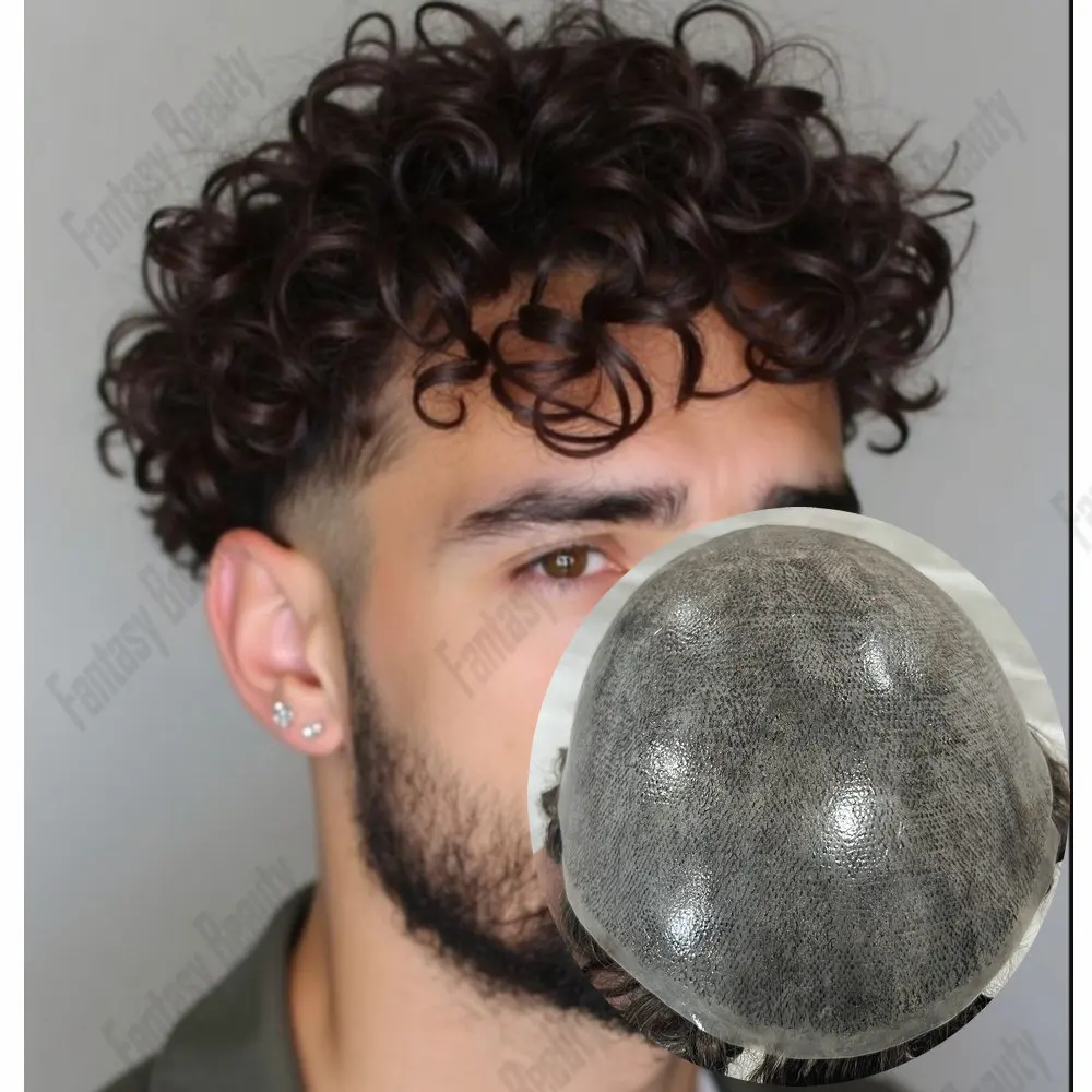 

Мужской парик 20 мм, вьющийся парик для мужчин, система замены человеческих волос, серые, черные парики из волос, прочный капиллярный протез из искусственной кожи