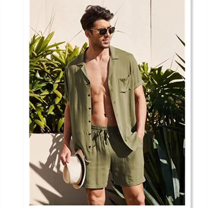MRMT 2026 Brand New Men‘s Linen Short Sleeve Shirt Linen Loose Casual Cotton And Linen Cardigan Shirt Shorts Suit
