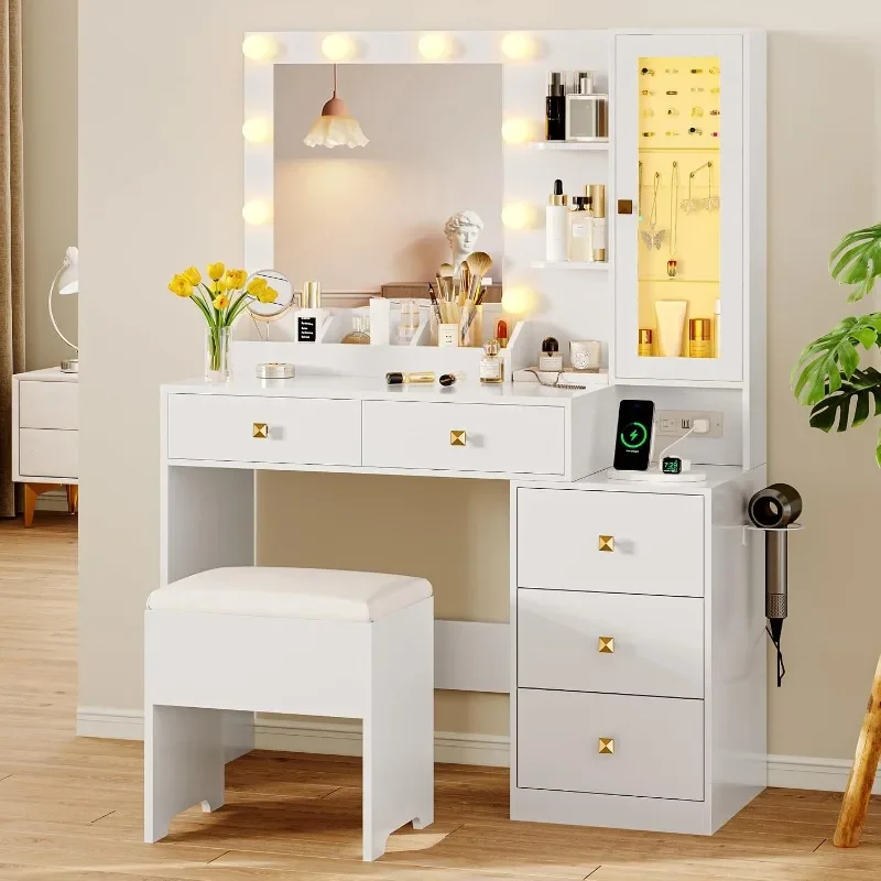 Vanity Desk with Mirror and Lights, Makeup Vanity Table Set with 5 Storage Drawers, Power Outlet & Chair, Small Dressing Table