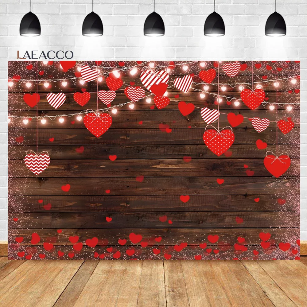 

Laeacco Valentine Day Backdrop for Photography Rustic Wood Wedding Red Hearts Bridal Baby Shower Portrait Photo Background