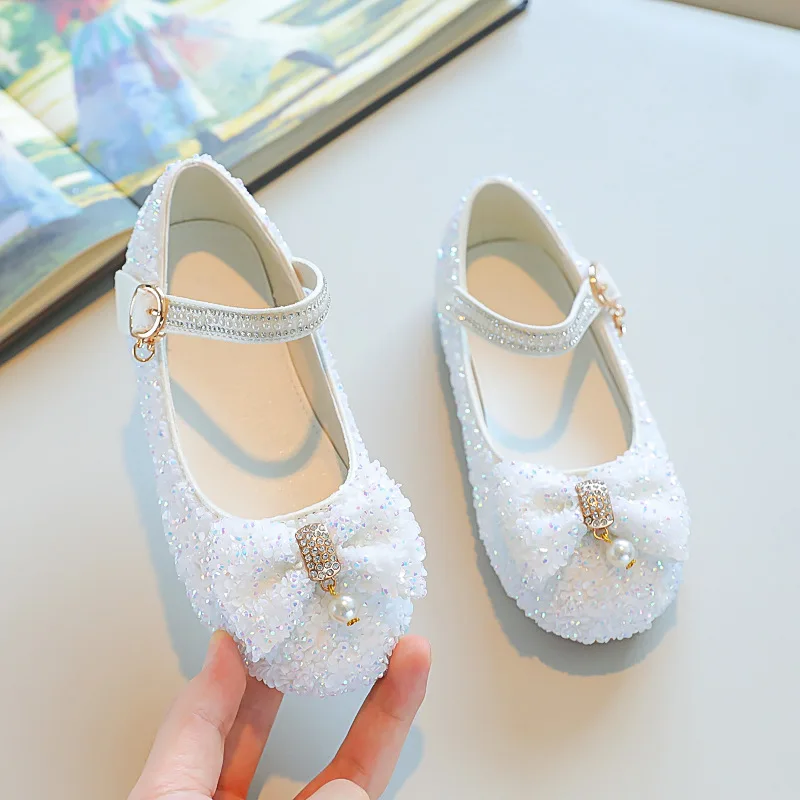 Spring Autumn Girls Leather Shoes Children Baby Princess Bowknot Pearl Glitter Single Shoes Kid Princess Dance Performance Shoes