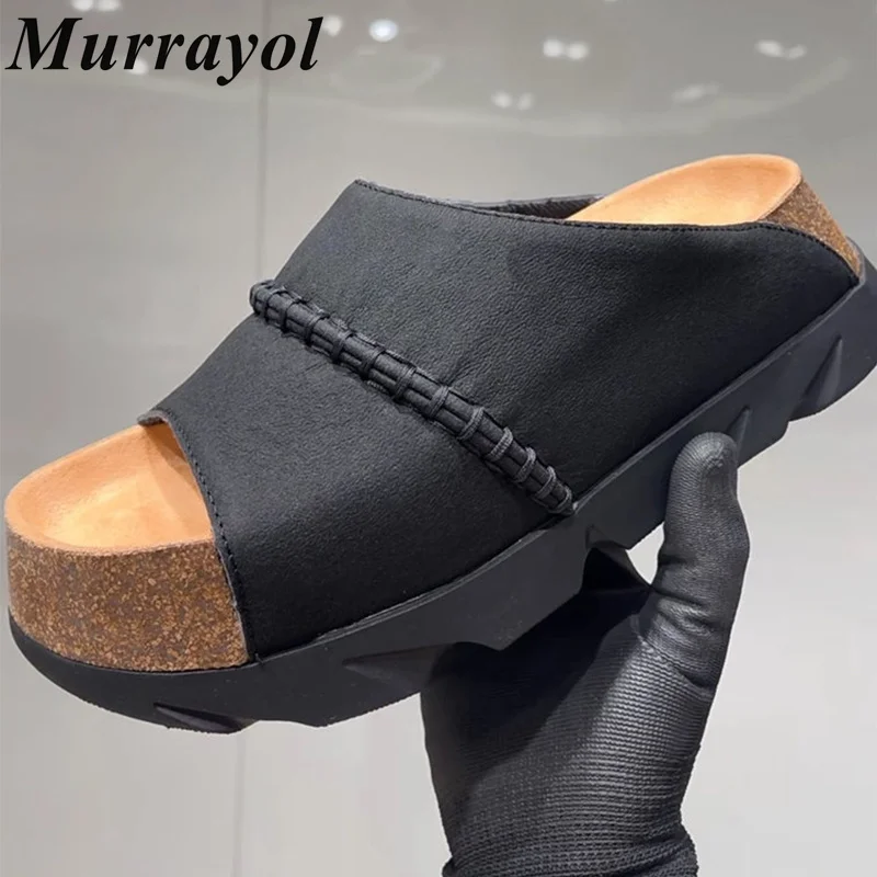 

Genuine Leather Open Toe Thick Bottom Slippers Women One Strap Waterproof Platform Slippers Summer Outdoor Vacation Beach Shoes