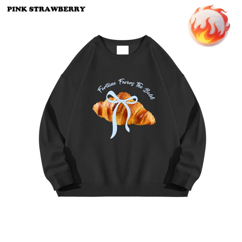American Croissant Print Plush Sweatshirt Women Autumn 2025 New Oversize Long sleeves Hoodie Pullover Y2K Tops Ladies clothing
