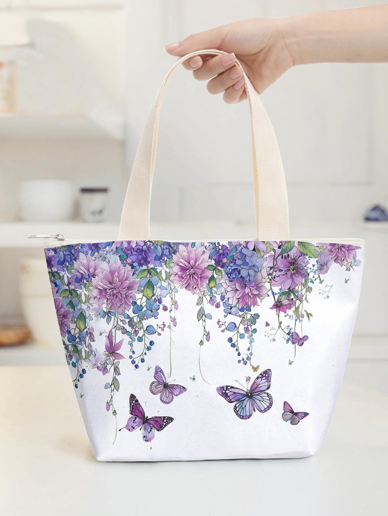 Watercolor Purple Flower Butterfly Insulated Lunch Tote Bag Zipper Portable Thermal Cooler Bag For Work School Picnic Daily Use