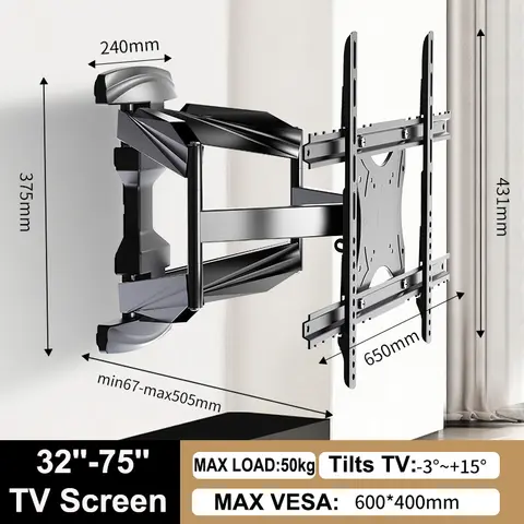 BEISHI TV 벽 마운트 브래킷, 풀 모션 틸트 TV 브래킷 세트, 32 인치-75 인치 TV 화면에 최대 50kg 하중, 최대 VESA 400x600mm