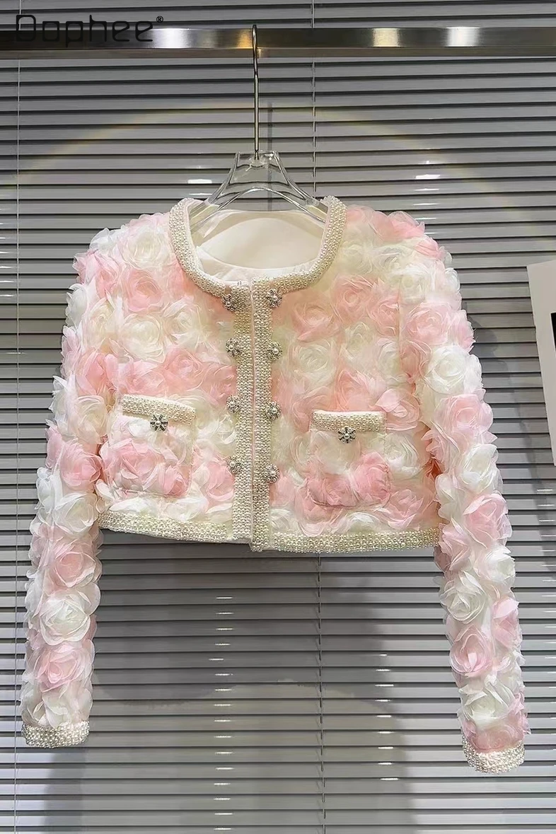 Elegant Pearl Edge Beaded Cropped Jacket Women 2023 Winter New Socialite Woman Three-Dimensional Flower Yarn Quilted Short Coat